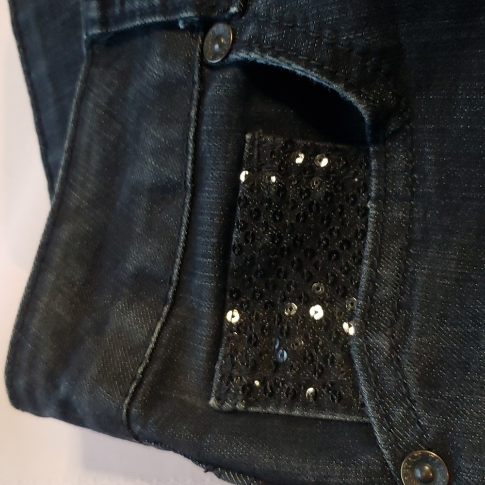 Tristan super dark black blue wash flare denim jeans with sparkly sequin pocket